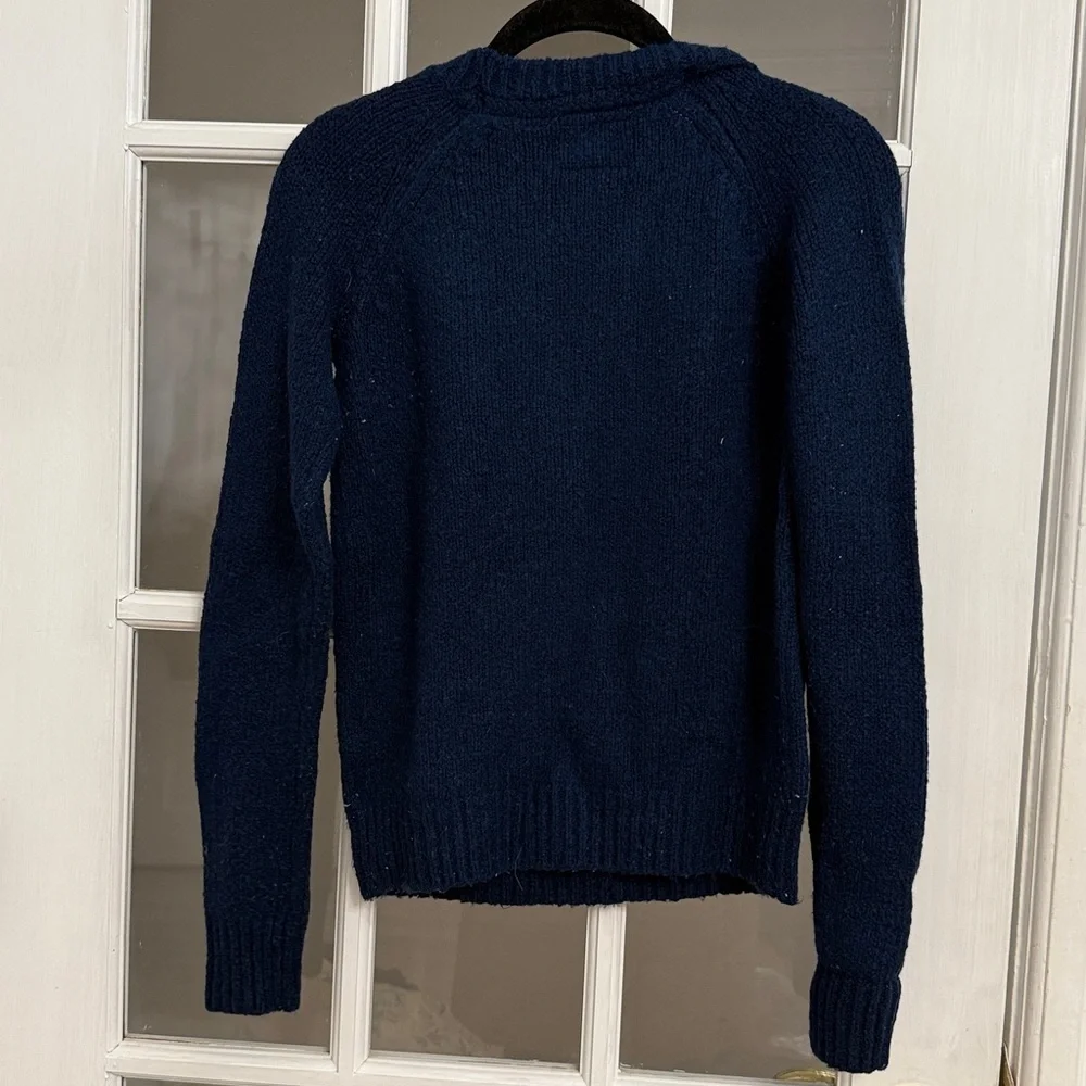 ANTHROPOLOGIE FIELD FLOWER Women's Navy Blue Chenille Furry Pom Pom Evie Sweater